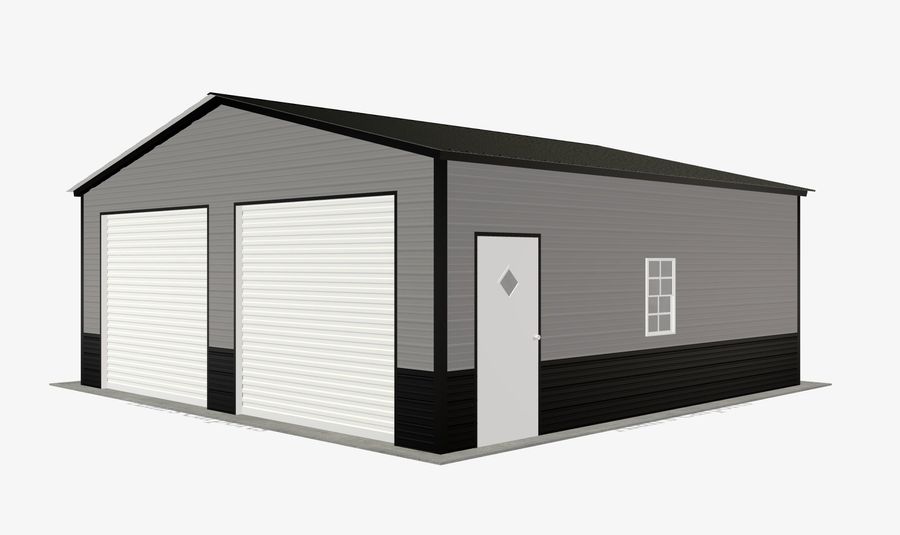 Steel garage with roll-up doors by Alan's Carports